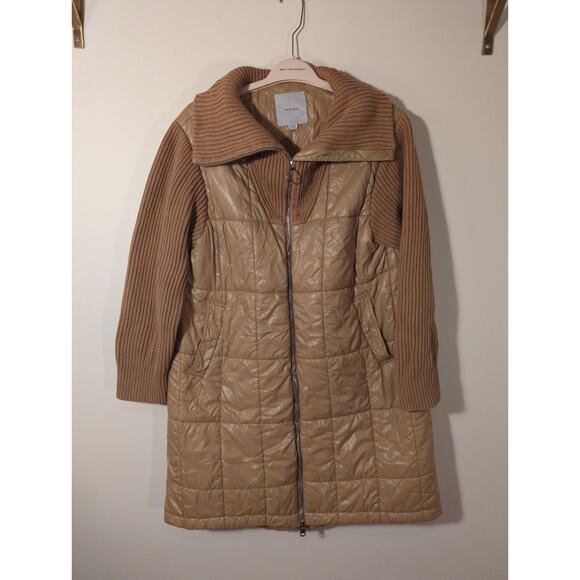 RTR Varley Sz L Large Tan Mayten Ribbed Knit Collared Puffer Jacket zip mid - Picture 4 of 7